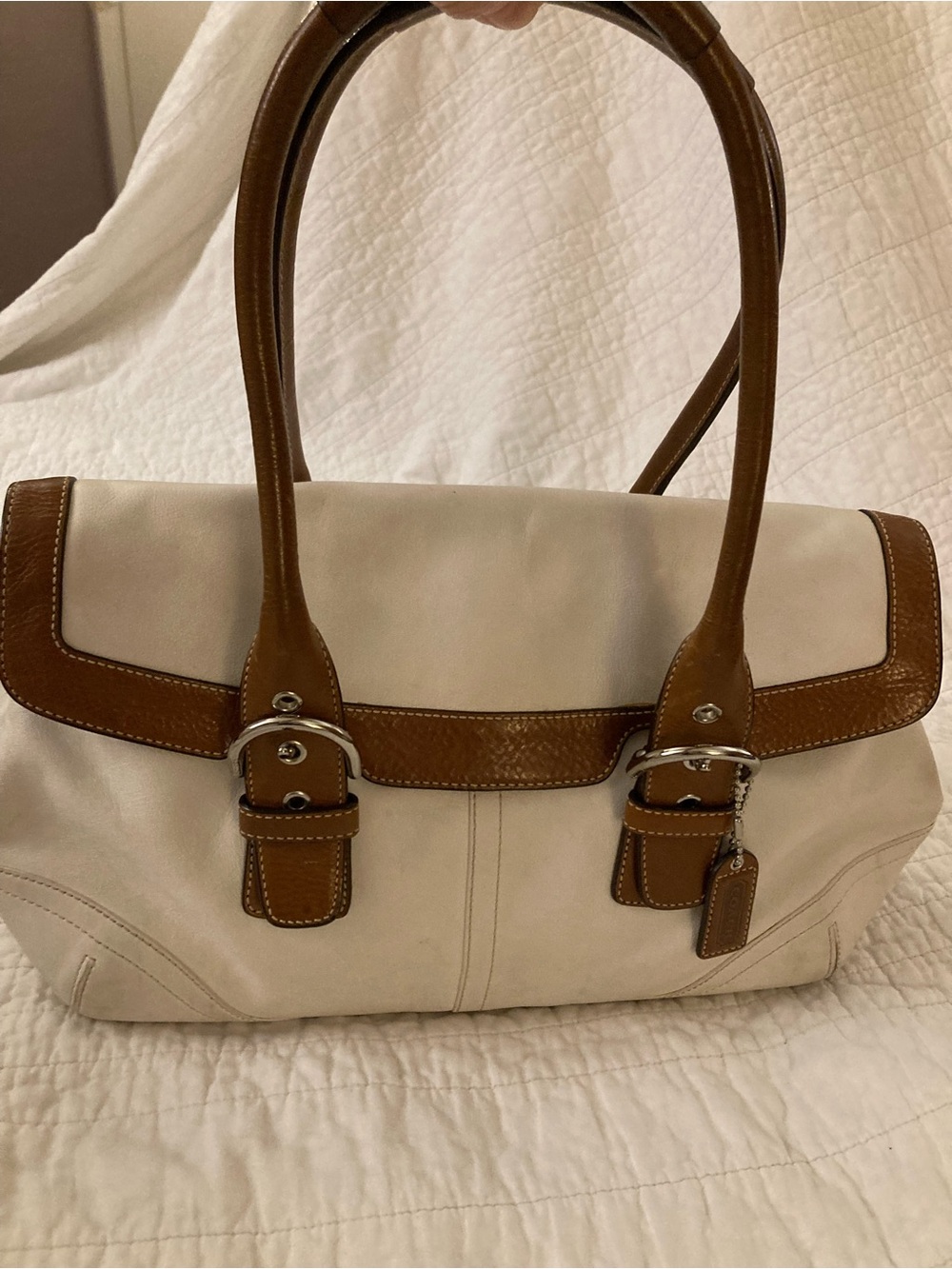 Coach Cream and Brown Leather-Trim Shoulder Bag